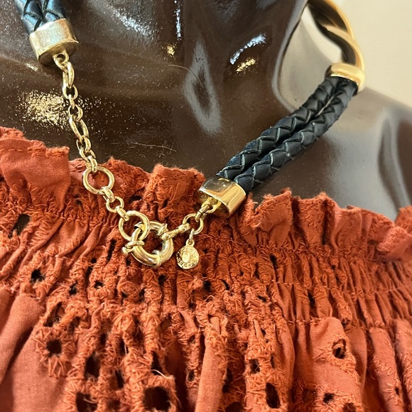 J. Crew Gold & Faux Leather Braided Short Retro Necklace, EUC - Picture 5 of 7
